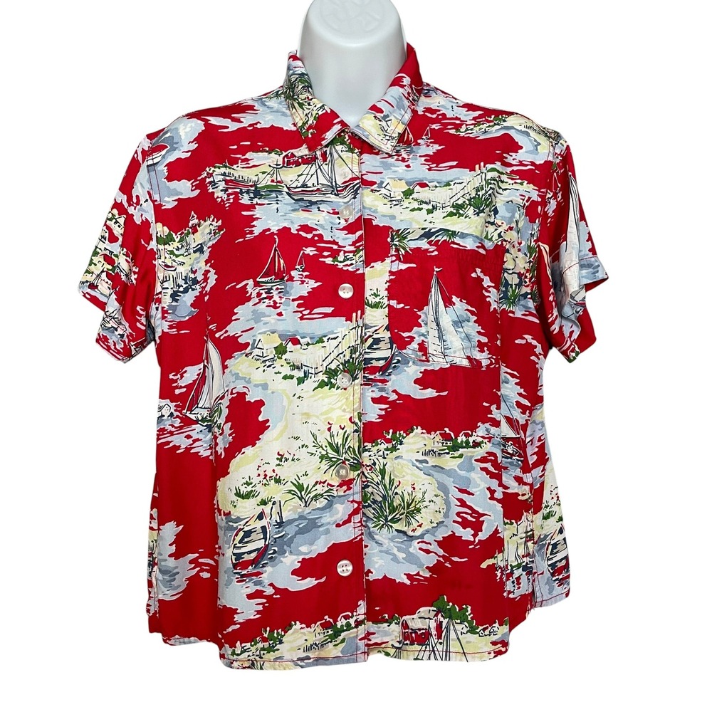 90s Nautical Top Sailboat Print Vintage Shirt Women Small Red Scenery Rayon